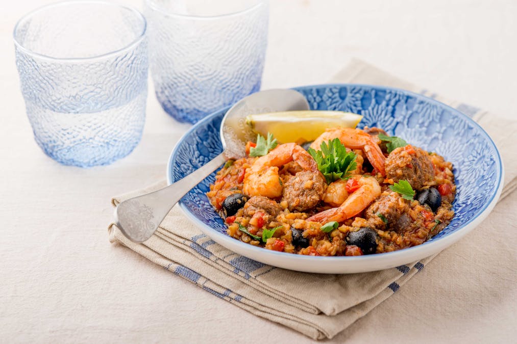 “Arroz” caldoso con chorizo y camarones