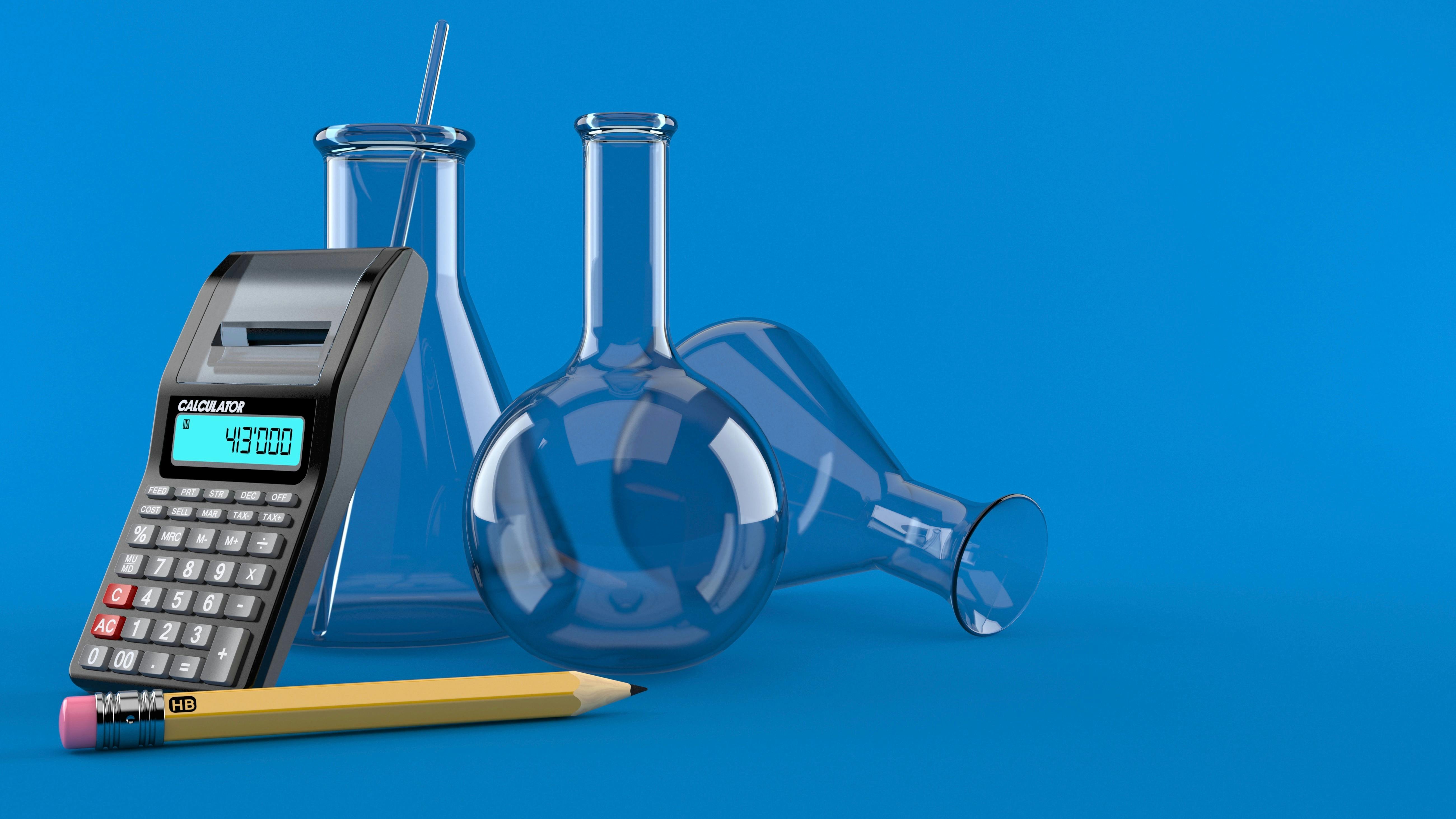 Frascos de química y calculadora
