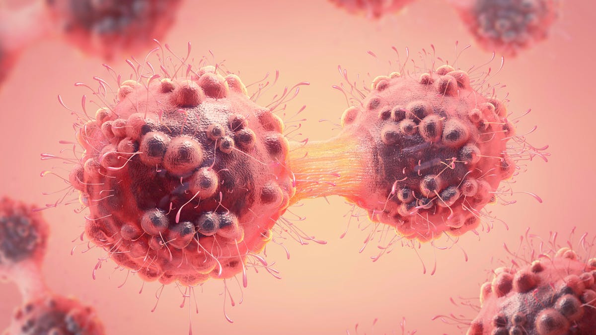 Ilustración 3d de una célula cancerosa en el proceso de mitosis