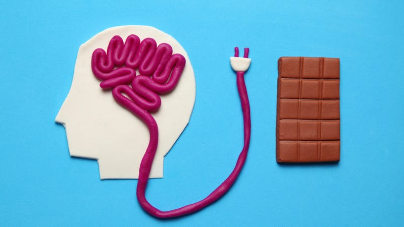 Figure of man and bar of sweet chocolate. Nutrition brain energy for mind