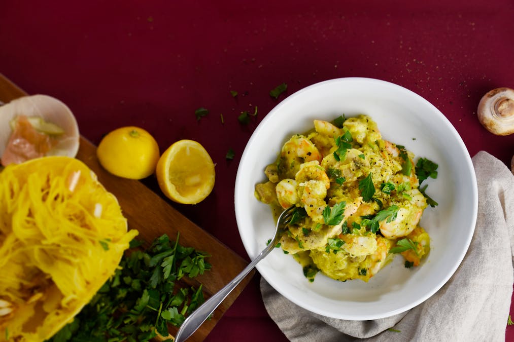 Gambas con calabaza cabello de ángel