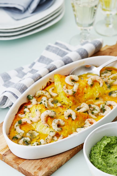 Cazuela cremosa de pescado y camarones al horno