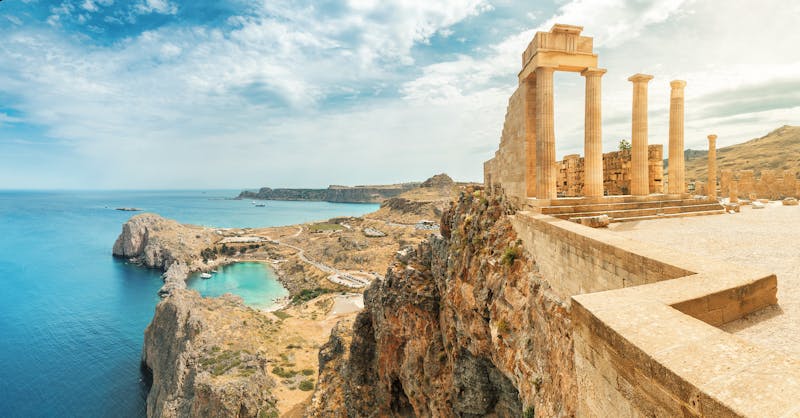 Famous tourist attraction – Acropolis of Lindos. Ancient architecture of Greece. Travel destinations of Rhodes island