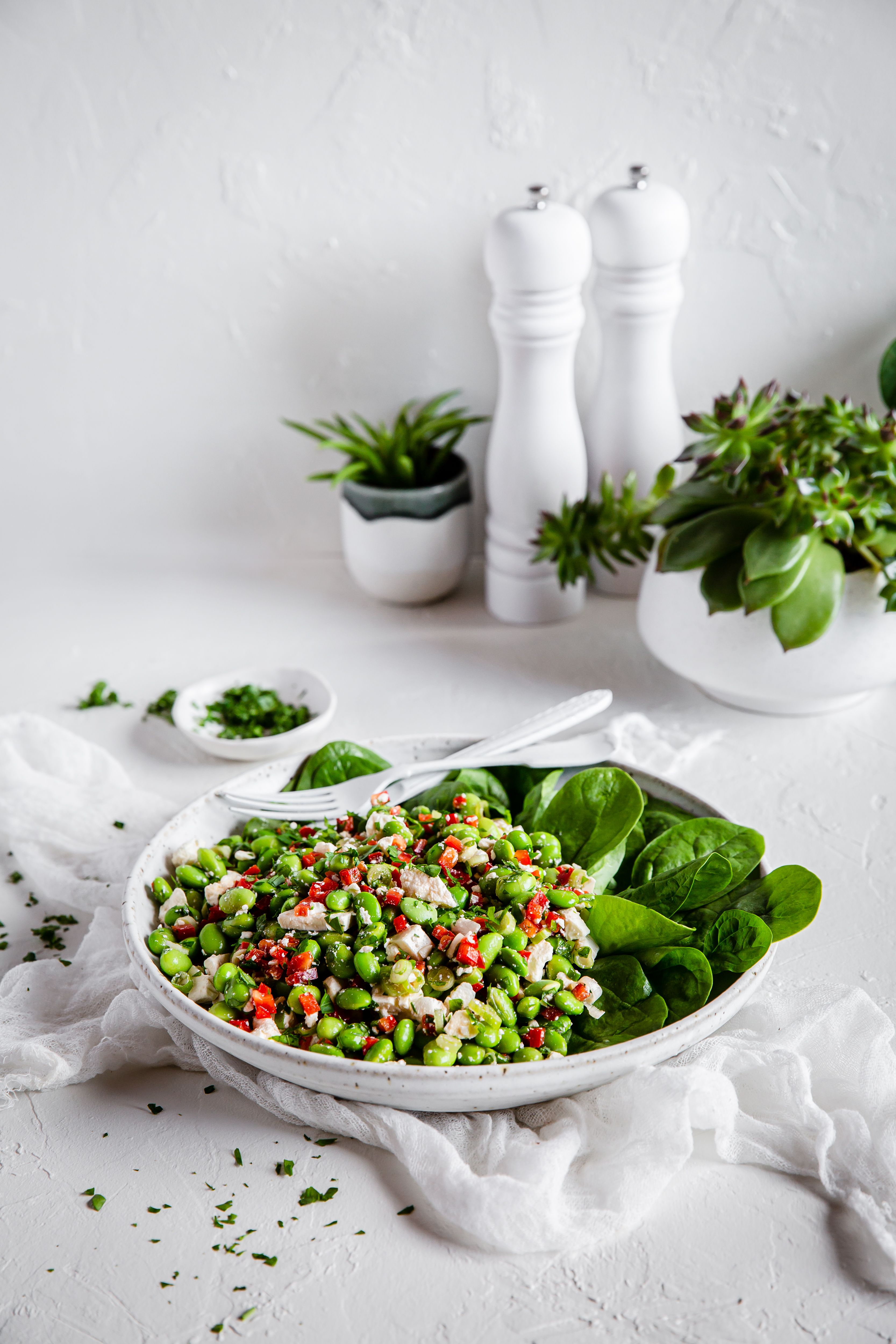 Plato vegetariano alto en proteína con edamame y queso feta