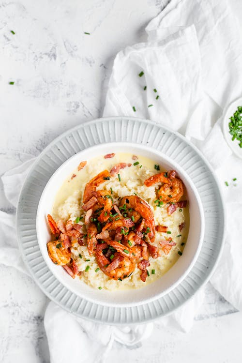 Gambas con gachas de coliflor