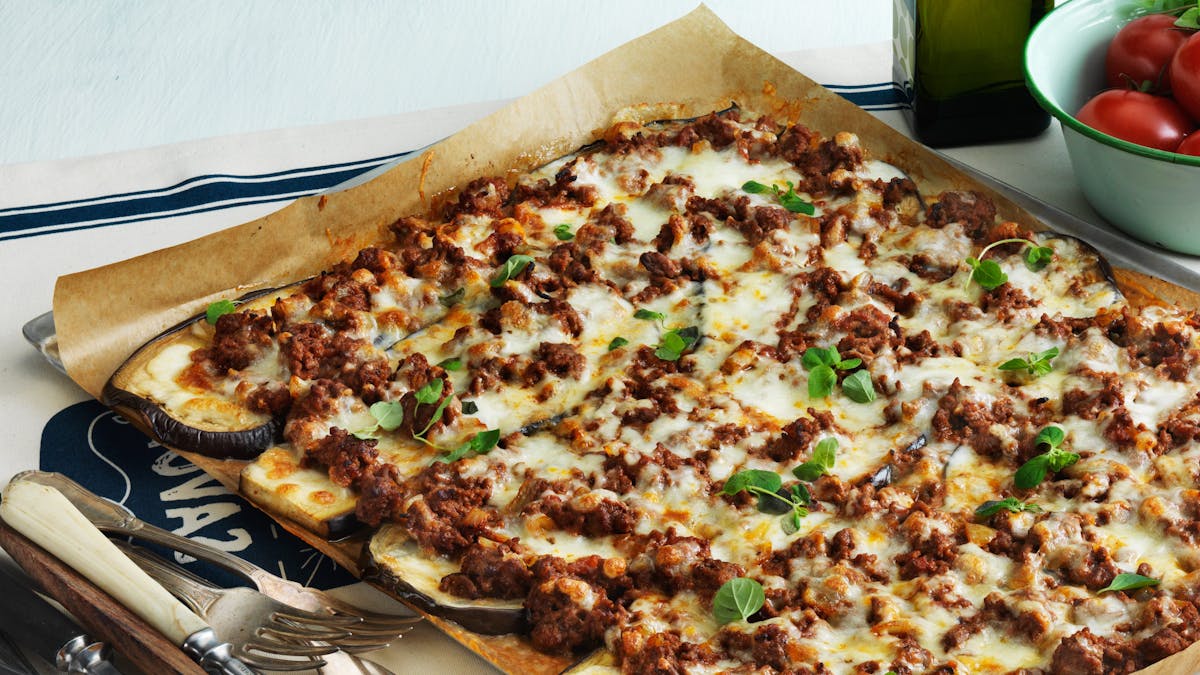 Auberginepizza med köttfärs