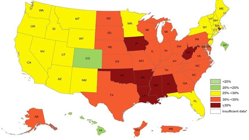 Sju amerikanska delstater har nu mer än 35% feta