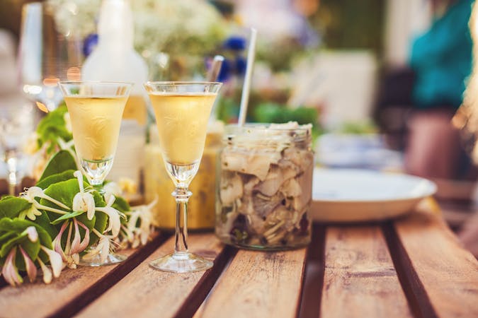 Smörgåsbord with pickled herring and snaps