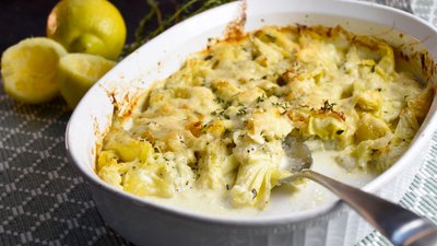 Gratinerade kronärtskockor med citron och timjan