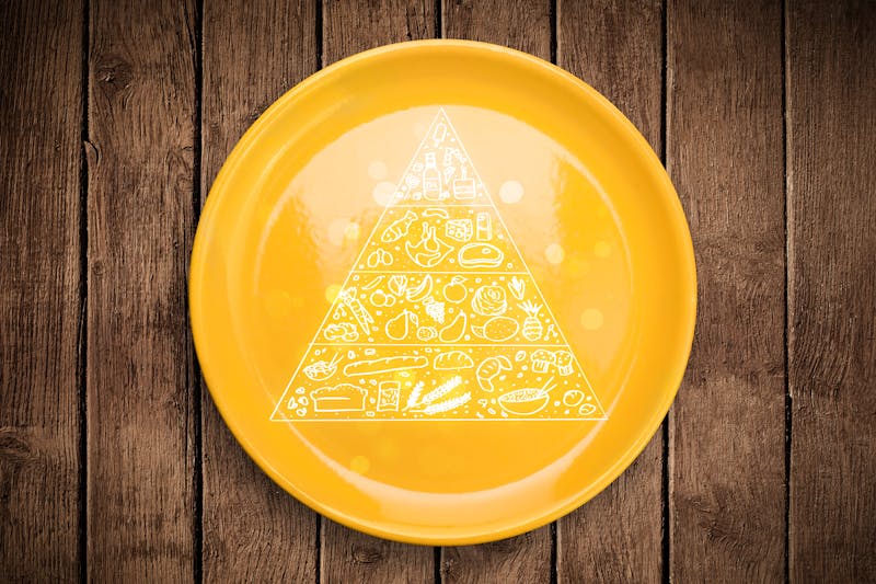 Hand drawn food pyramid on colorful dish plate