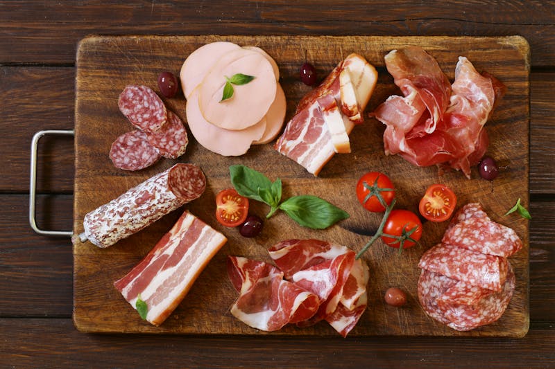 Assorted deli meats – ham, sausage, salami, parma, prosciutto, bacon