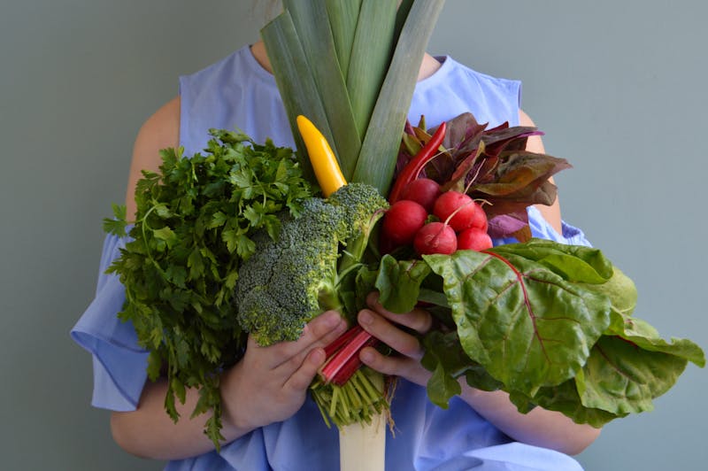 Girl holding vegetables bouquet