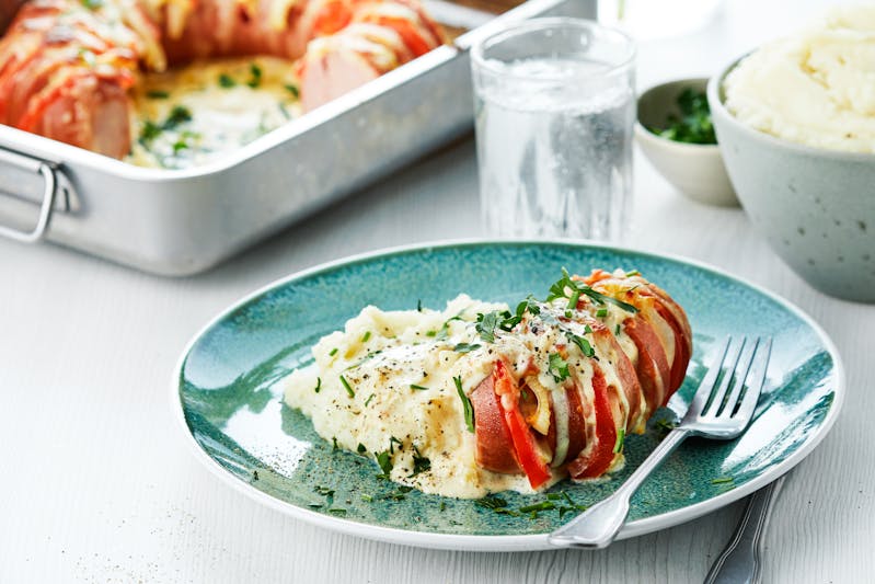 Ugnsbakad falukorv med blomkålsmos