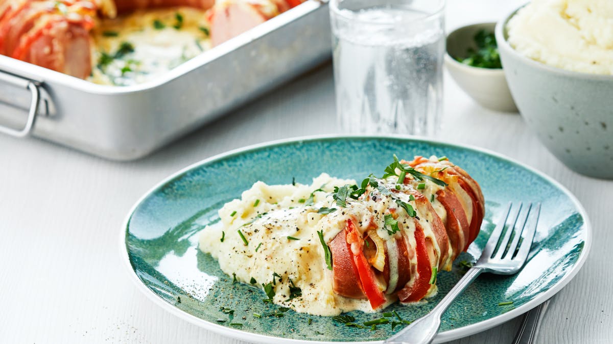 Ugnsbakad falukorv med blomkålsmos