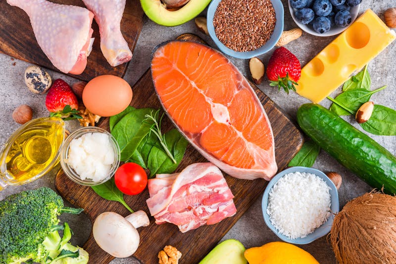Keto diet concept. Ketogenic diet food. Balanced low carb food background