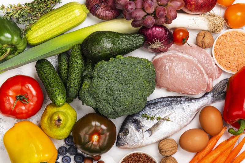 Pegan diet food on white table