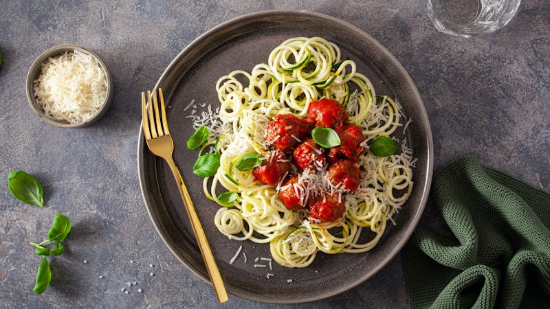 keto paleo diet zoodles spiralized zucchini noodles with meatballs and parmesan