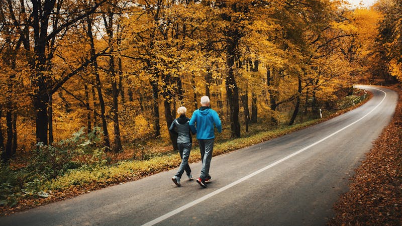 Senior couple jogging in a forest.