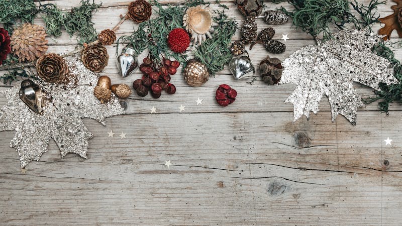 christmas and autumnal gray wood background with decoration