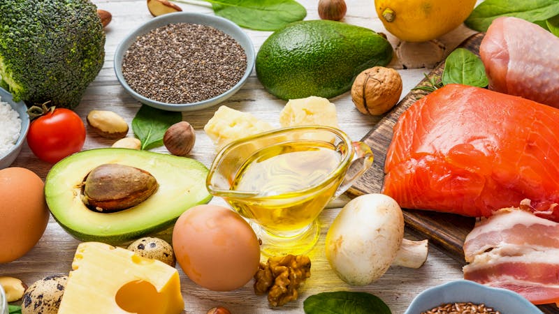assortment of healthy food low carb keto ketogenic diet. high in good fat, omega 3 and protein products