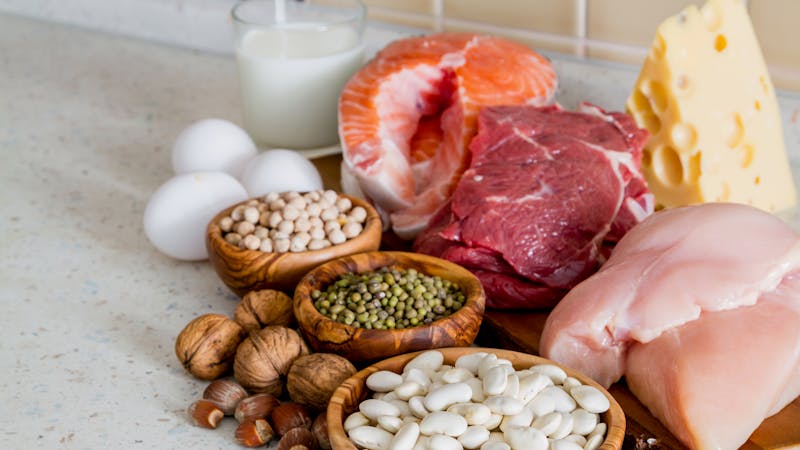 Selection of protein sources in kitchen background