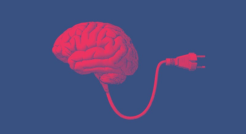 Brain with electric plug vintage drawing illustration