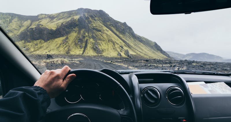 View from driver’s seat over the road to Landmannalaugar, Iceland