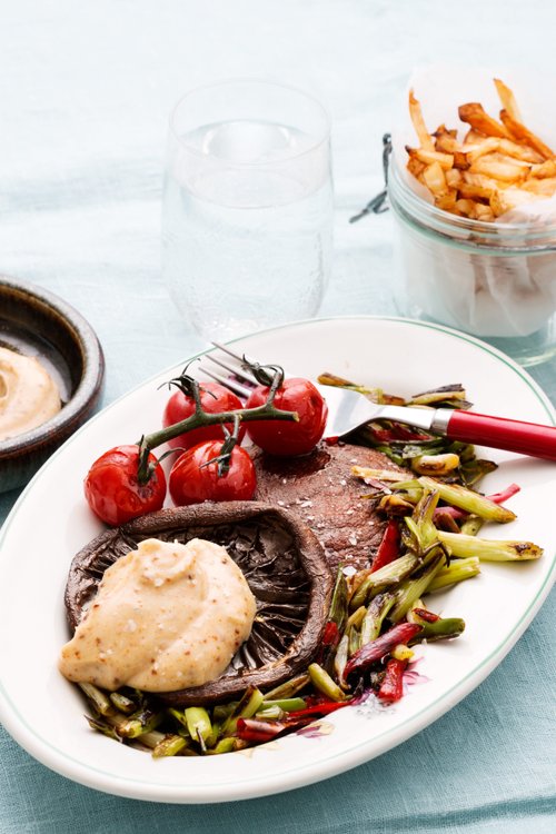 Portabello med pommes och chiliaioli