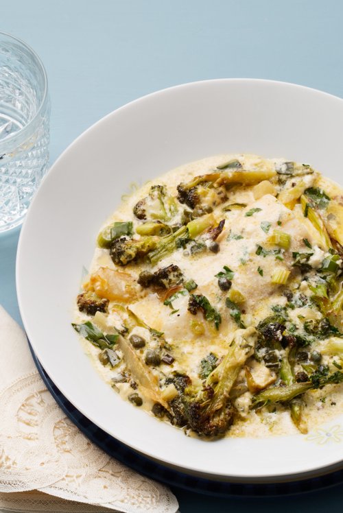 Fiskgratäng med kapris och broccoli