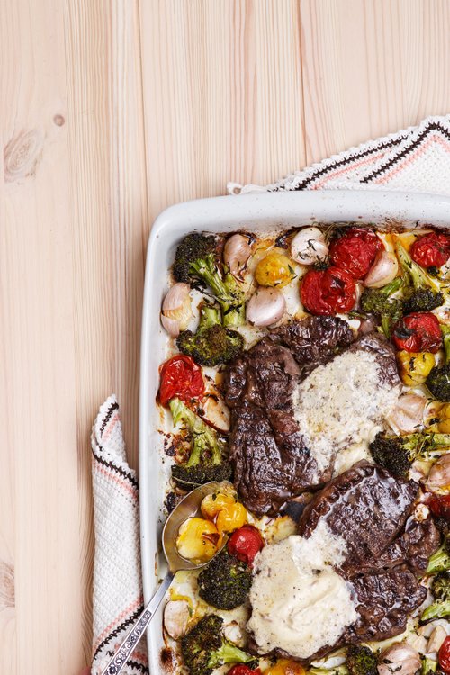 Ugnsbakade grönsaker med entrecote