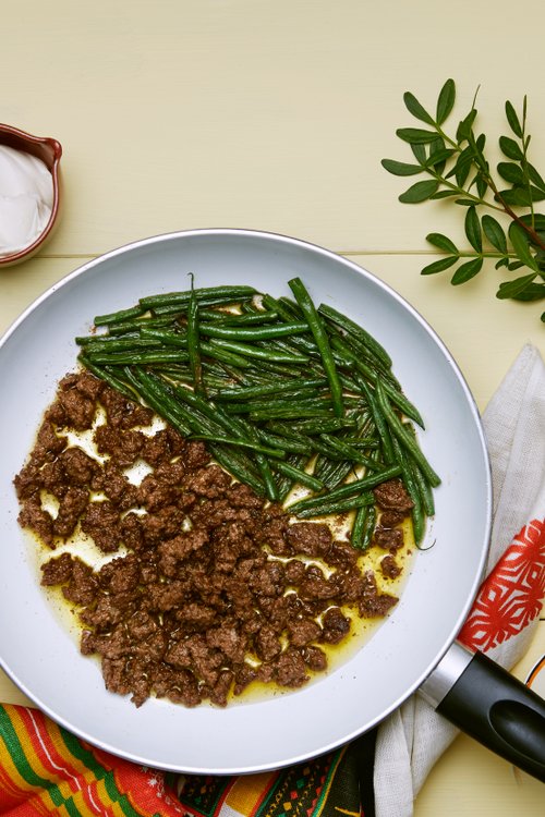 Nötfärs med smörstekta haricots verts