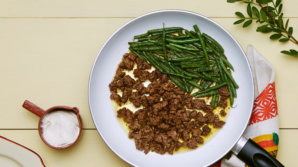 Nötfärs med smörstekta haricots verts