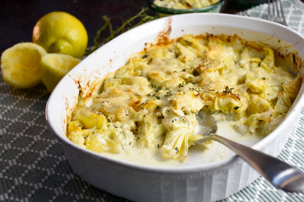 Gratinerade kronärtskockor med citron och timjan