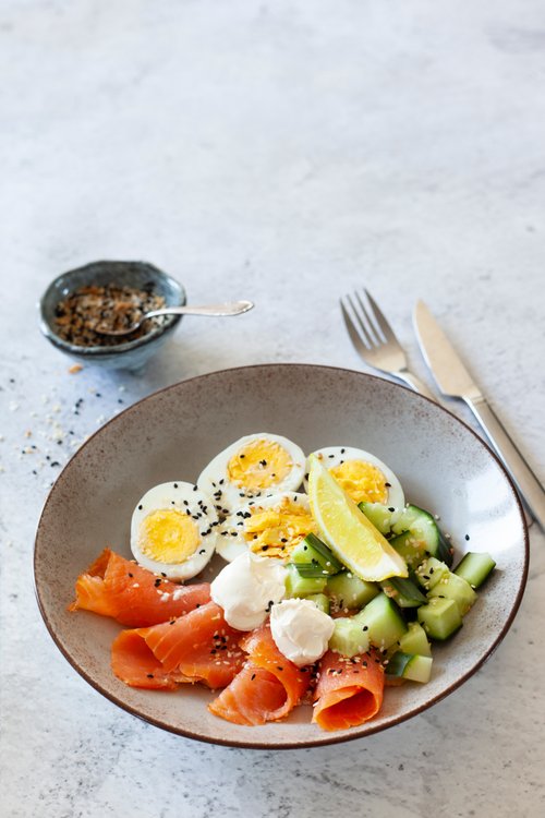 Proteinrik frukost med ägg och rökt lax