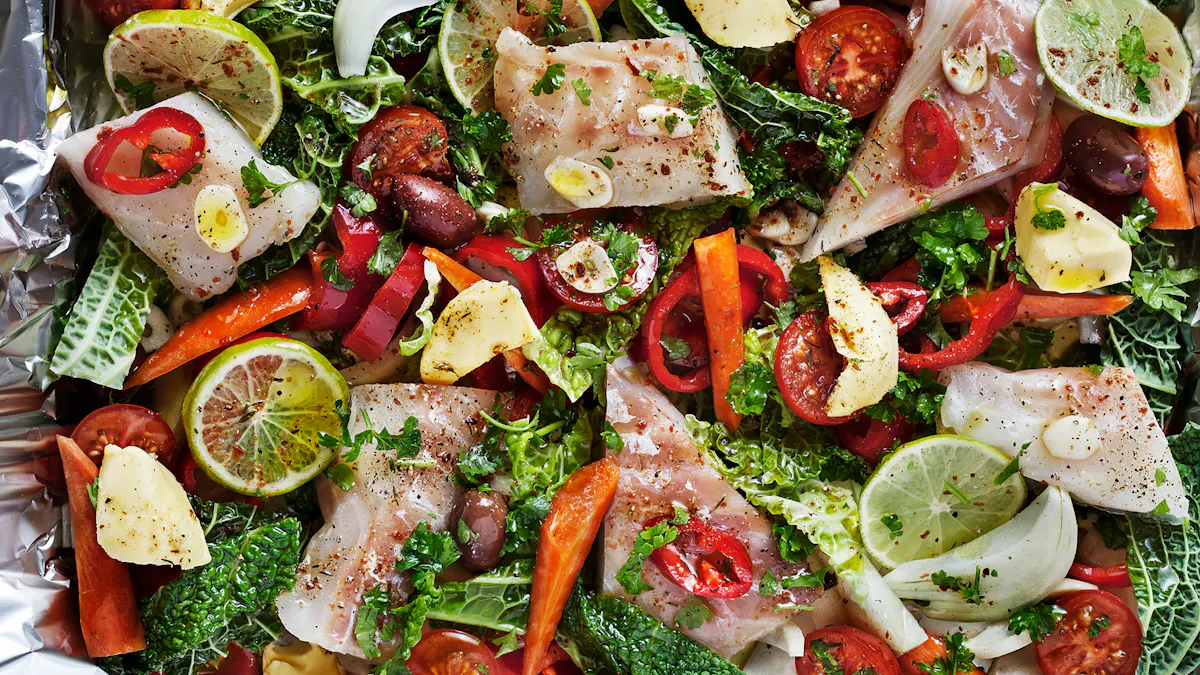 Fish with vegetables baked in foil