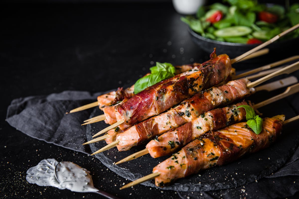 Prosciutto-wrapped salmon skewers