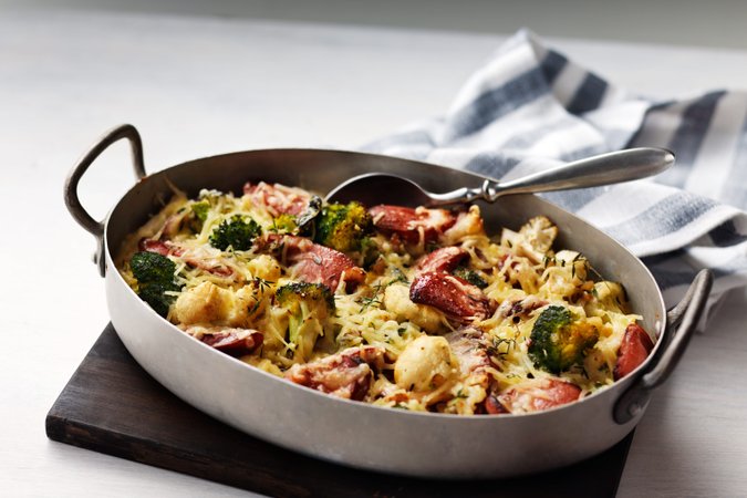 Broccoli and cauliflower gratin with sausage
