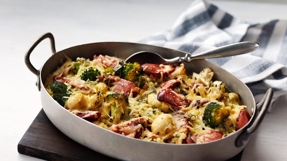 Broccoli and cauliflower gratin with sausage