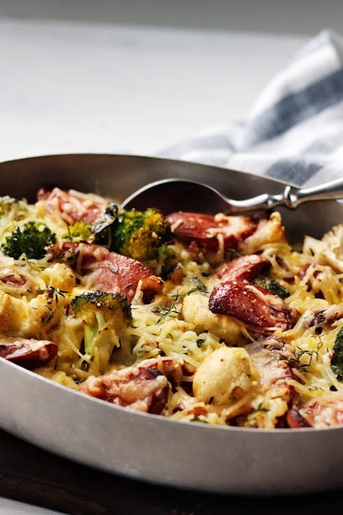 Broccoli and cauliflower gratin with sausage
