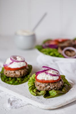 Keto lamb sliders with feta cheese dressing