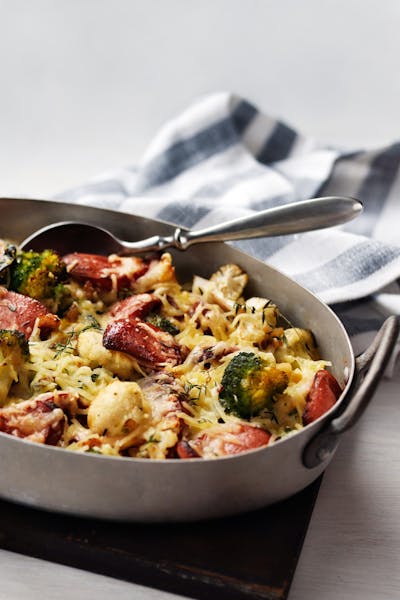 Broccoli and cauliflower gratin with sausage<br />(Dinner)