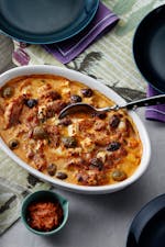 Keto pesto chicken casserole with feta cheese and olives