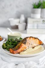 Keto baked salmon with pesto and broccoli