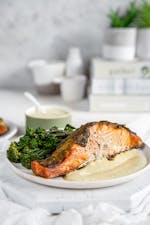 Keto baked salmon with pesto and broccoli