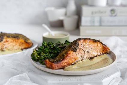 Keto baked salmon with pesto and broccoli