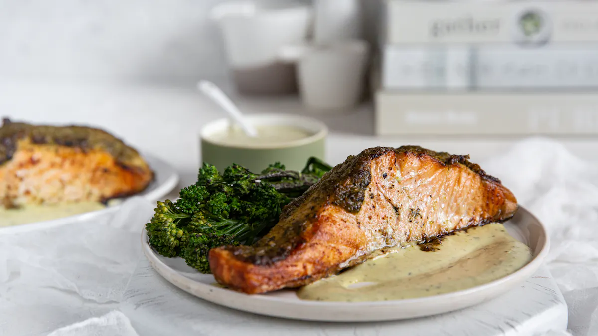 Keto baked salmon with pesto and broccoli