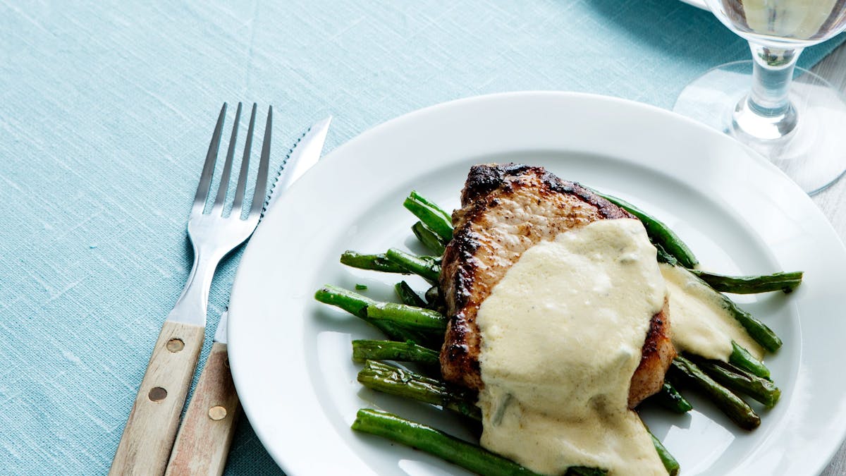 Keto pork chops with blue-cheese sauce
