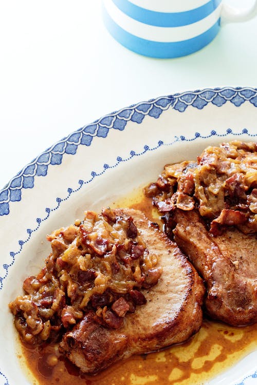 Caramelized onion and bacon pork chops