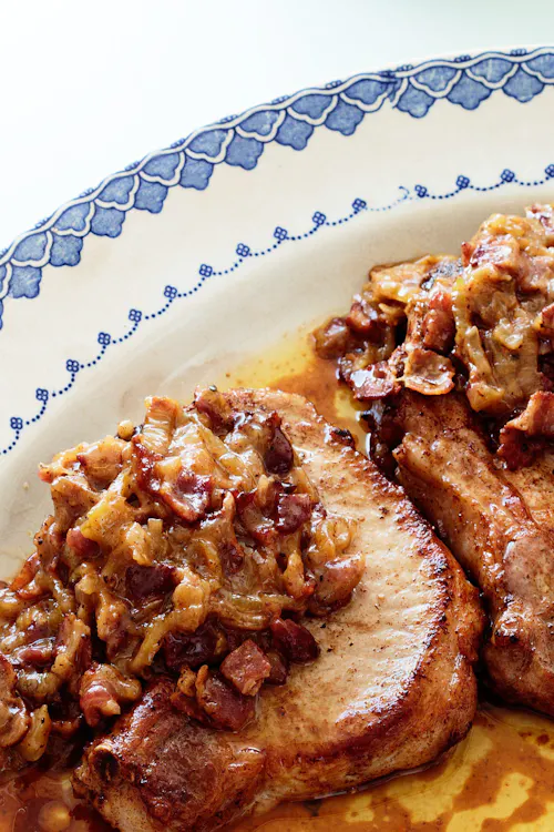 Caramelized onion and bacon pork chops