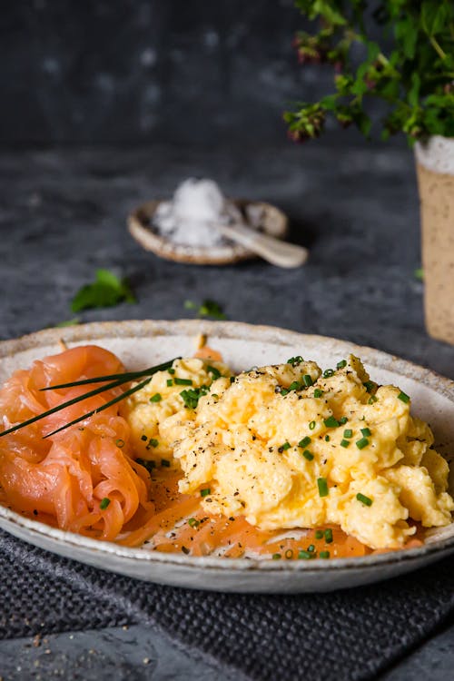 Cured salmon with scrambled eggs and chives